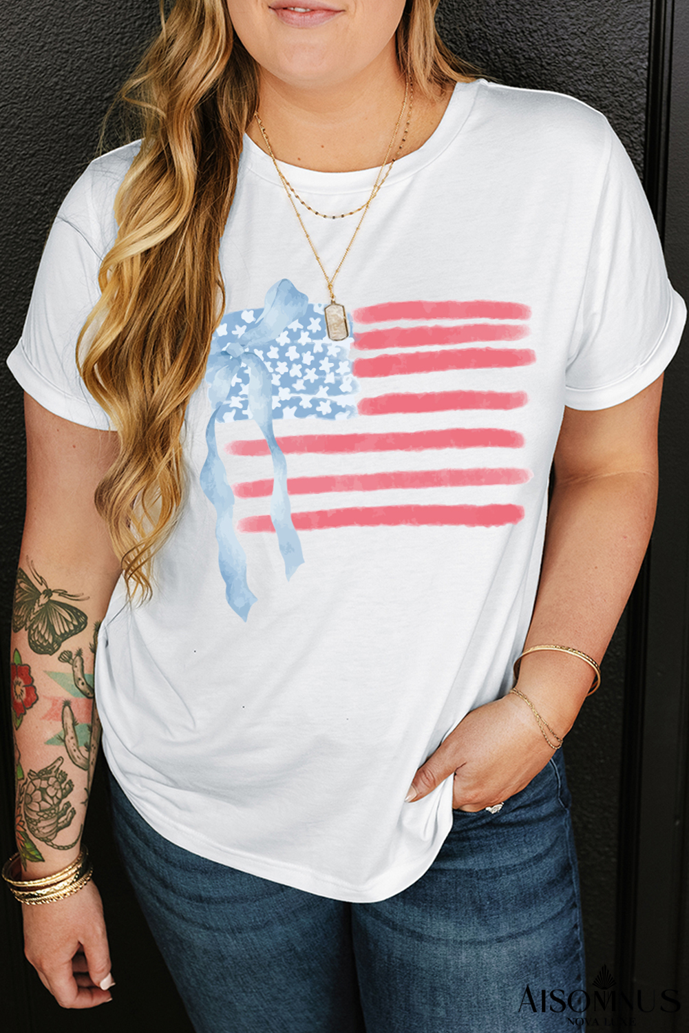 White Bow USA Flag Print Plus Size Independence Day T Shirt
