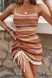 Orange Stripe Embroidered Backless Side Drawstring Suspender Dress