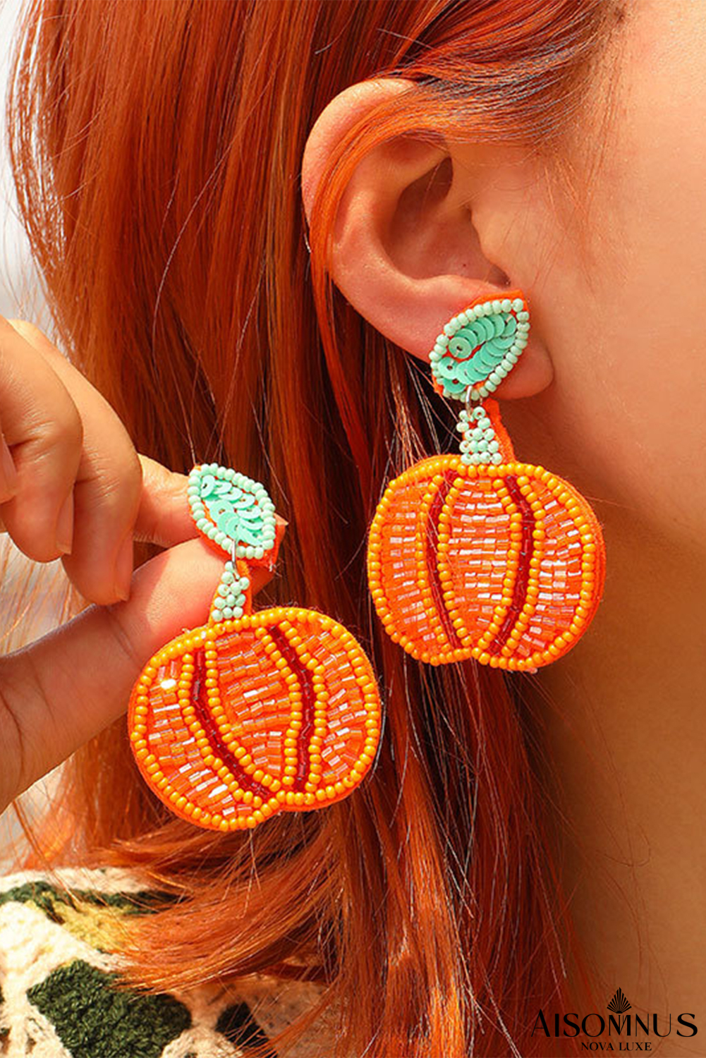 Orange Halloween Pumpkin Rice Beaded Drop Earrings