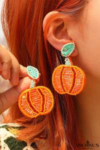 Orange Halloween Pumpkin Rice Beaded Drop Earrings