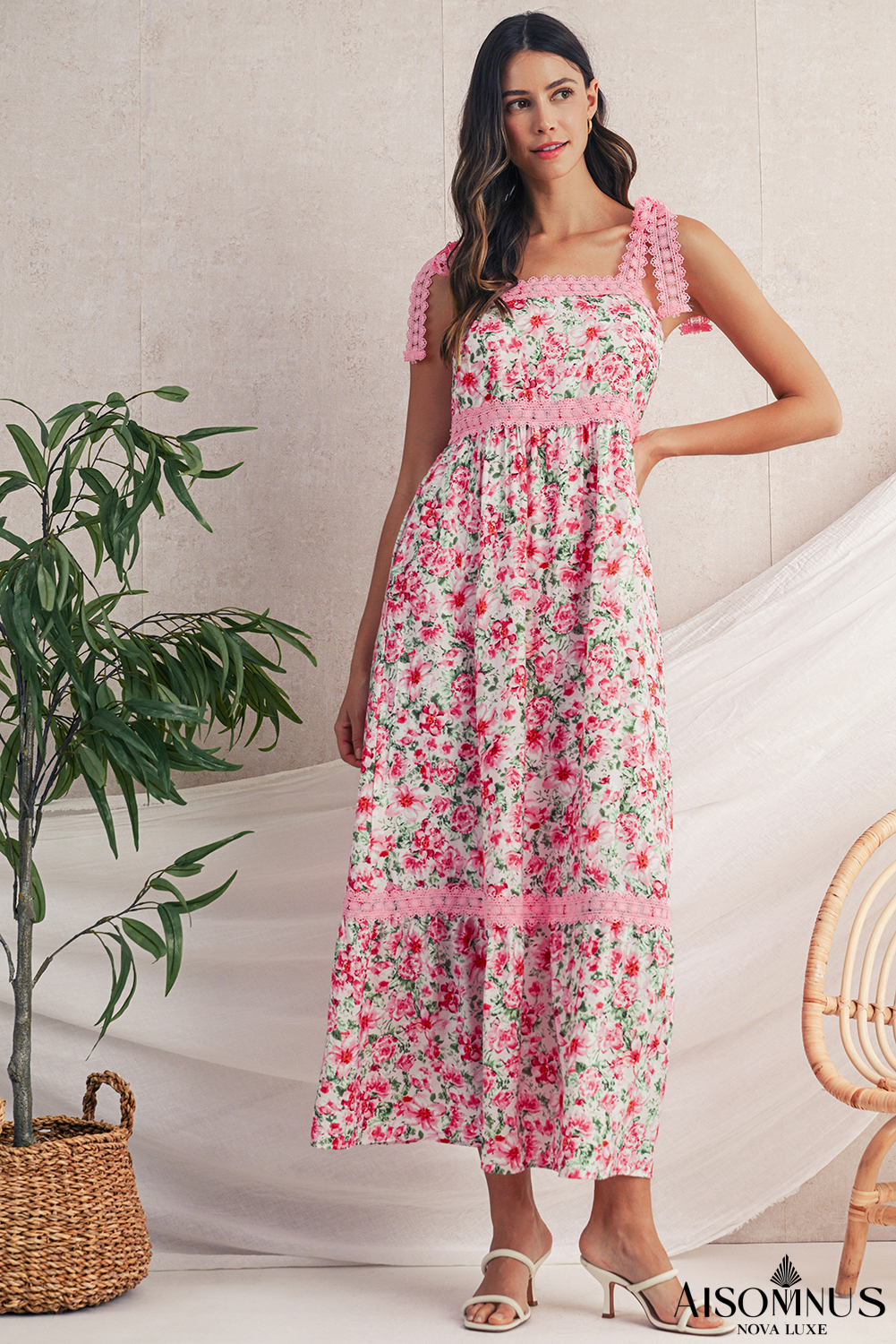 Pink Floral Lace Tied Strap Empire Waist Maxi Dress