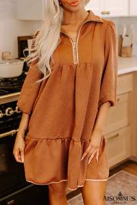 Desert Gold Quarter Zip Collar Bracelet Sleeve Textured Mini Dress