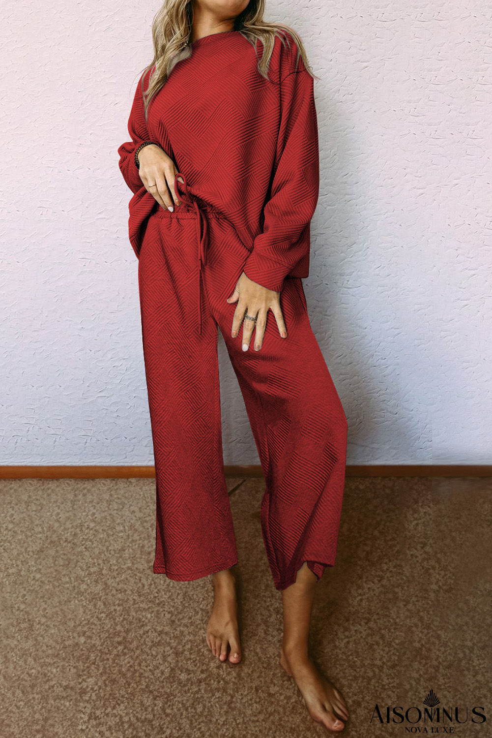 Red Dahlia Textured Loose Slouchy Long Sleeve Top and Pants Set