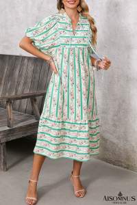 Multicolor Boho Floral Striped Tie V Neck Long Dress