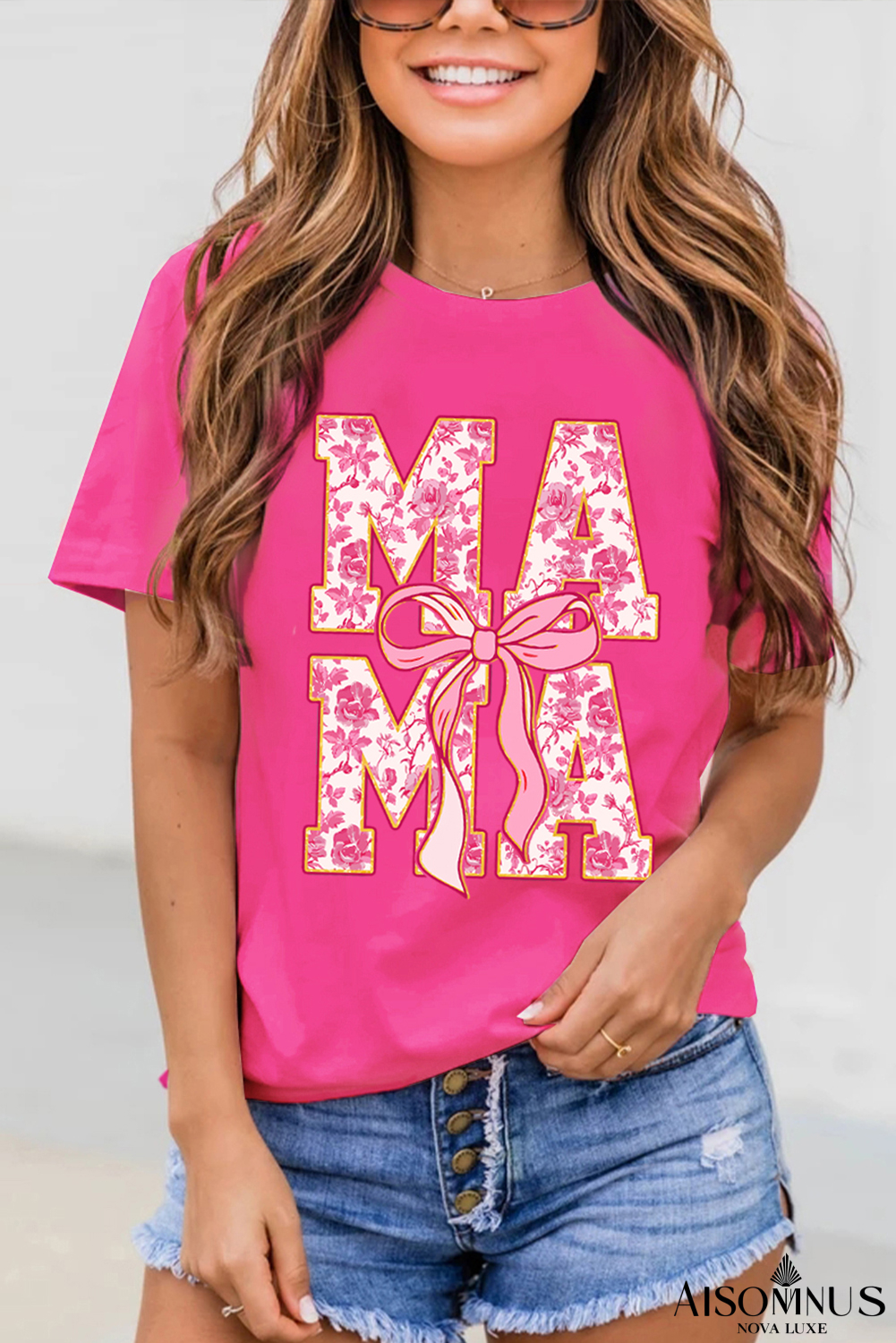 Rose Red Floral MAMA Lettering Bow Print T Shirt