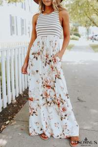 White Boho Stripes & Floral Print Floor Length Tank Dress