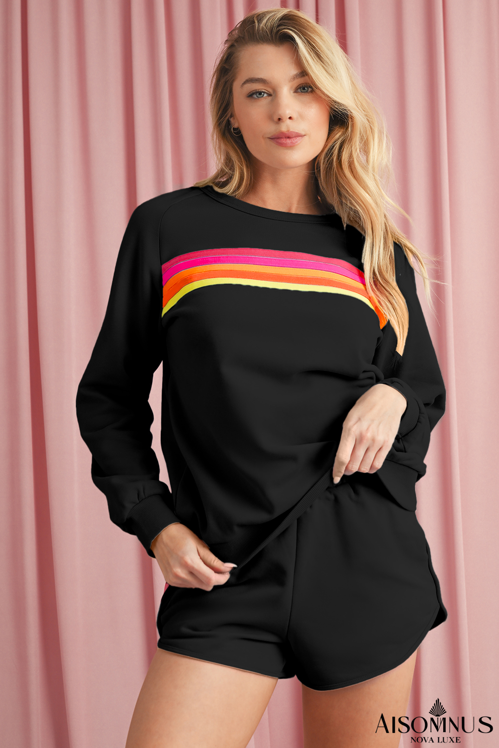 Black Colorful Striped Long Sleeve Pullover and Shorts Set