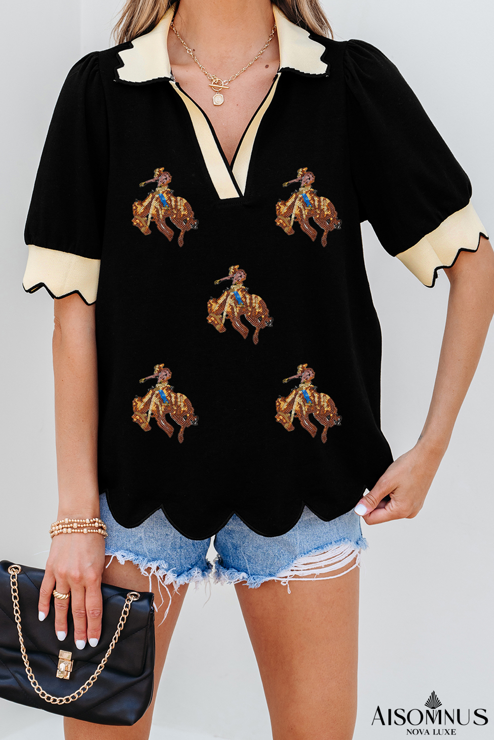 Black Contrast Scalloped Collar Cuffs Rodeo Patched Graphic Short Sleeve Top