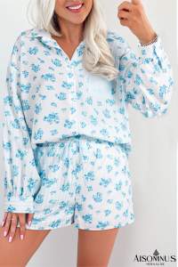 Sky Blue Floral Striped Print Patched Pocket Shirt and Shorts Set