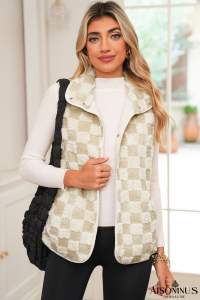 Khaki Sherpa Checkerboard Snap Button Vest Jacket