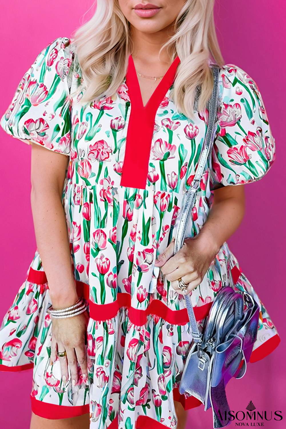 Pink Floral Print Bubble Sleeve Babydoll Pop of Color Neckline Dress