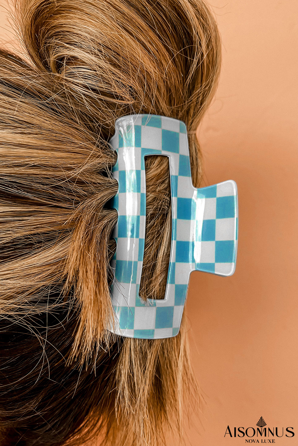 Sky Blue Checkered Print Hollow Out Hair Clip