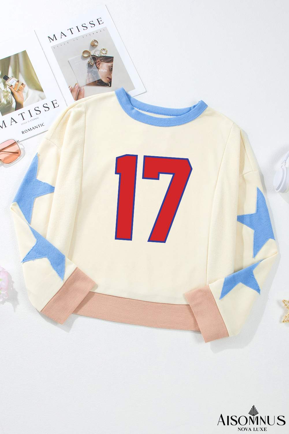 Beige Number 17 Printed Stars Patched Sleeve Cropped Sweatshirt