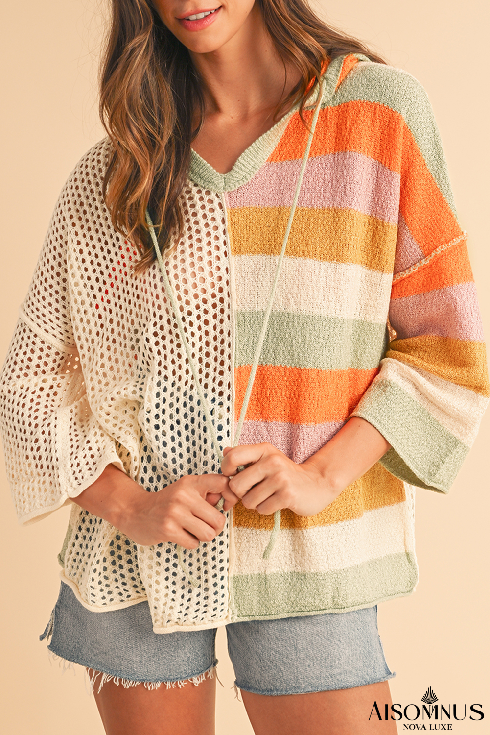 Beige Oversized Colorblock V Neck Hooded Sweater