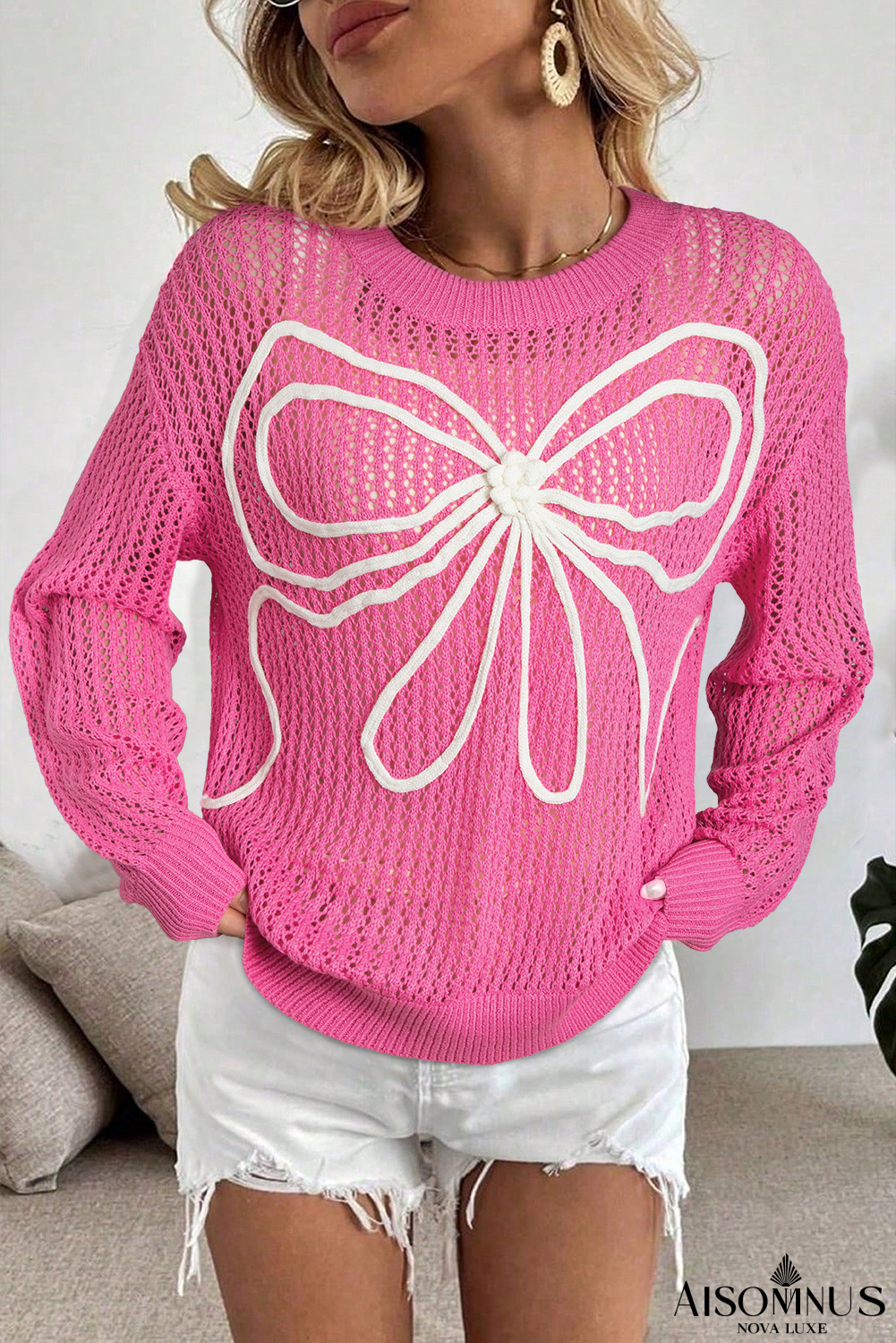 Sachet Pink Sweet Bow Decor Hollow Out Knitted Drop Shoulder Sweater