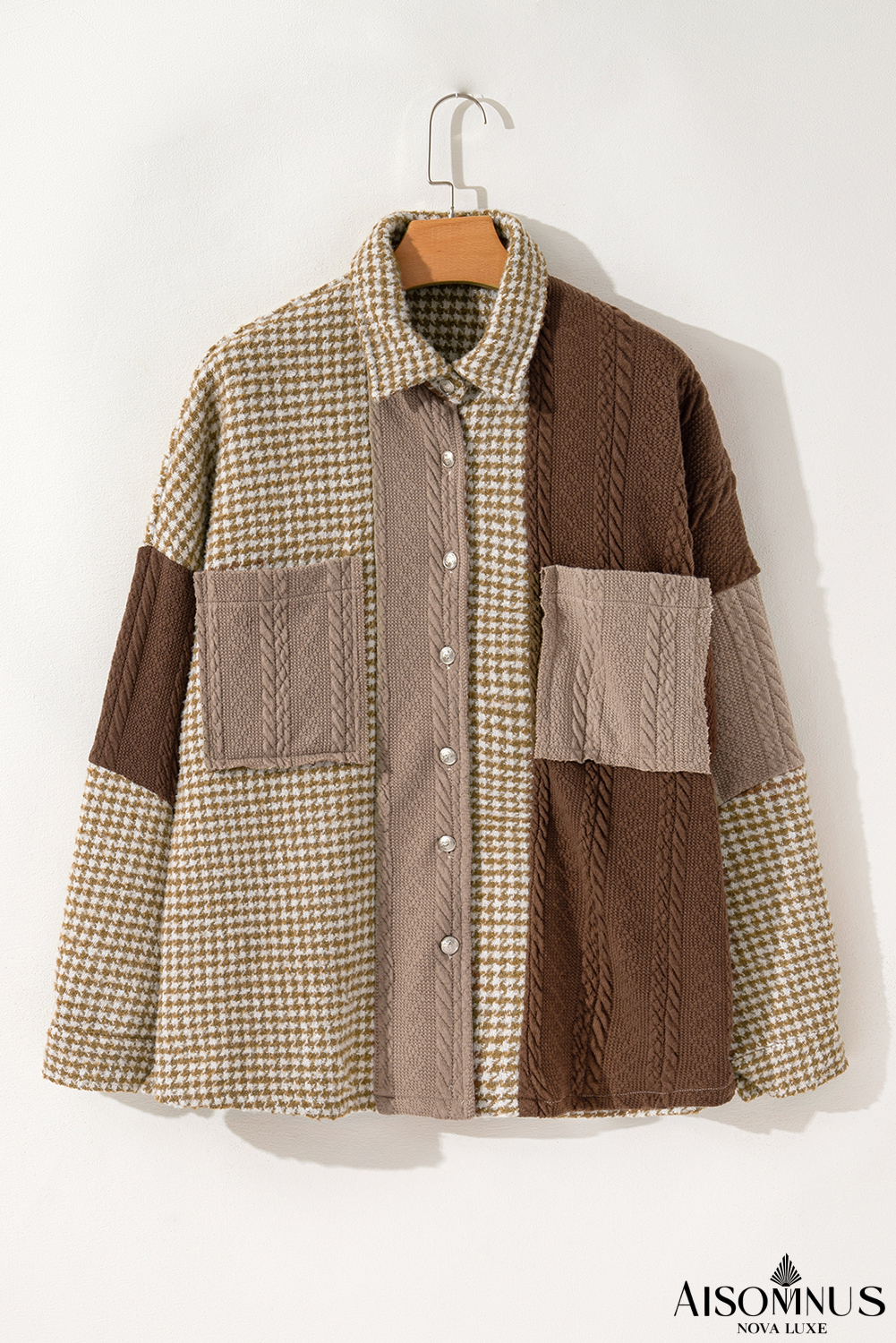 Khaki Houndstooth Textured Patchwork Loose Shacket