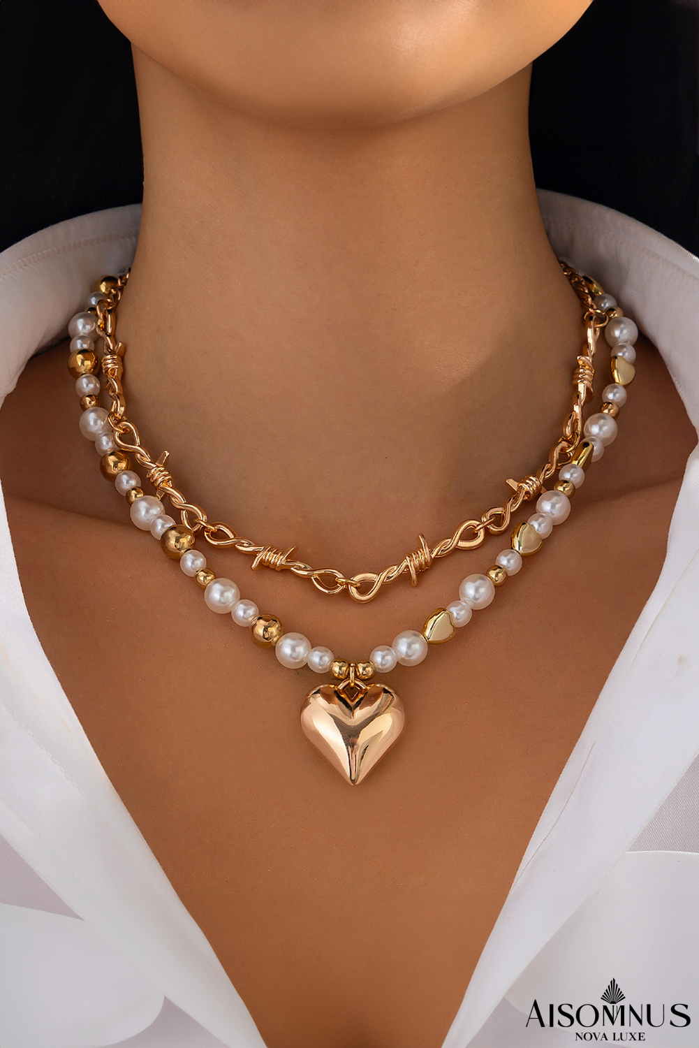 Gold Heart Pendant Pearl Chain 2pcs Necklace Set