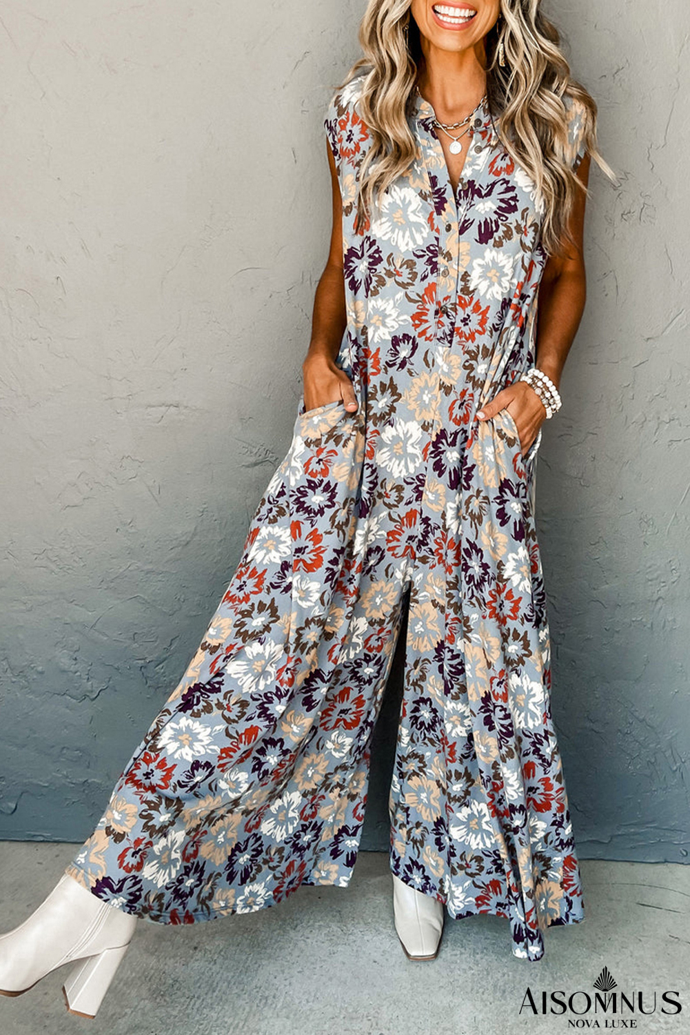 Sky Blue Floral Sleeveless Pocketed Wide Leg Jumpsuit