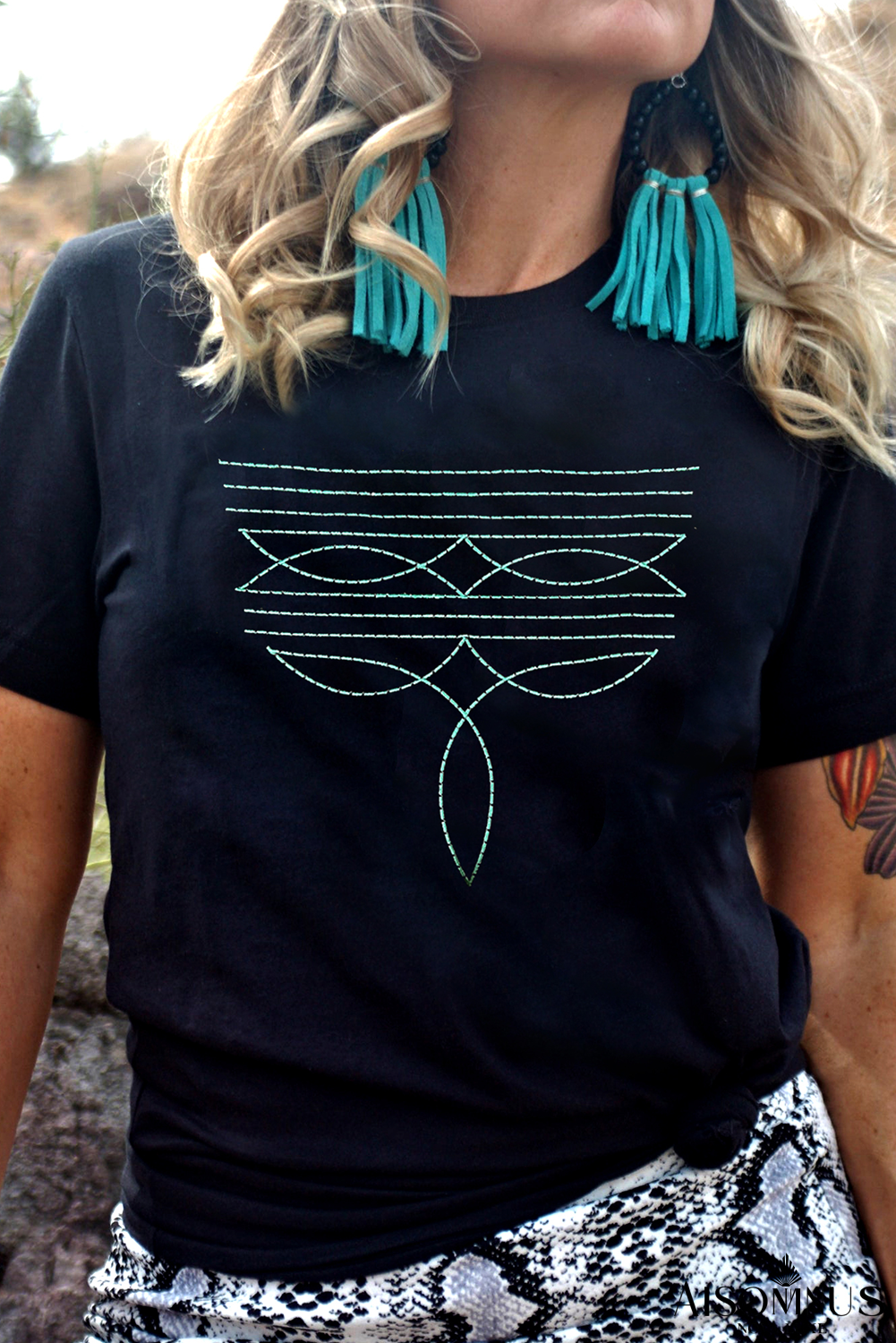 Black Western Fashion Boot Stitch T Shirt