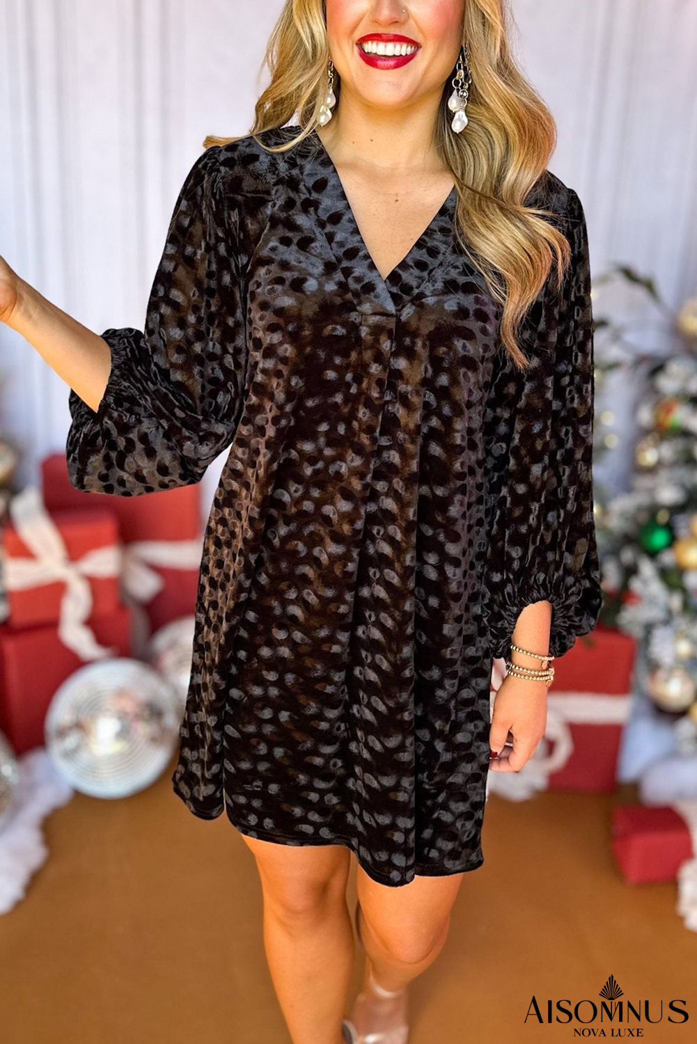 Black Textured V Neck Balloon Sleeve Velvet Mini Dress