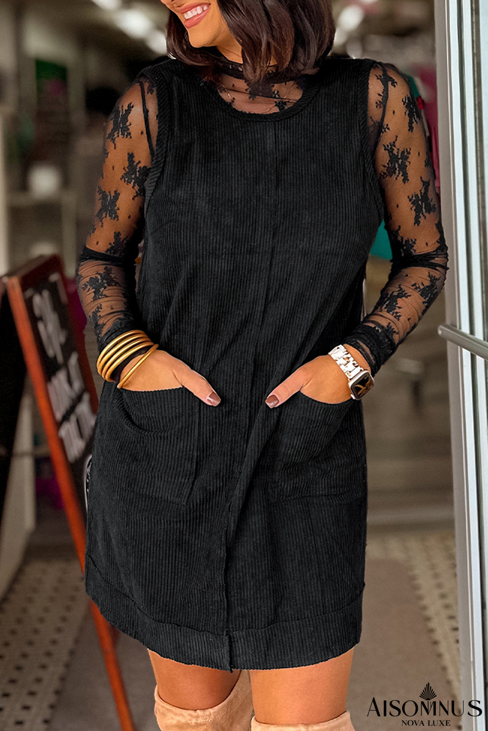 Black Corduroy Exposed Seam Sleeveless Mini Dress