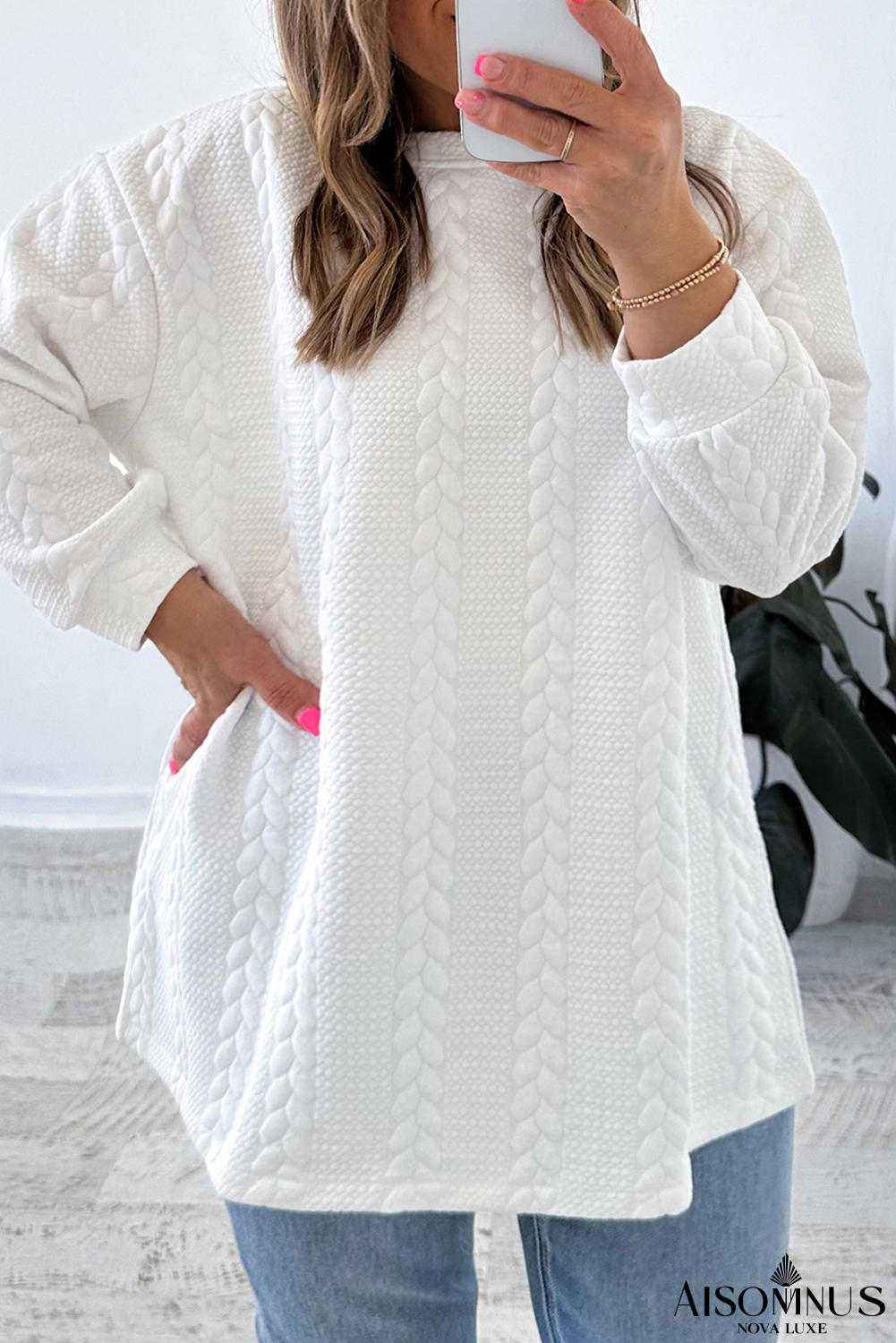 White Textured Loose Plus Size Long Sleeve Top