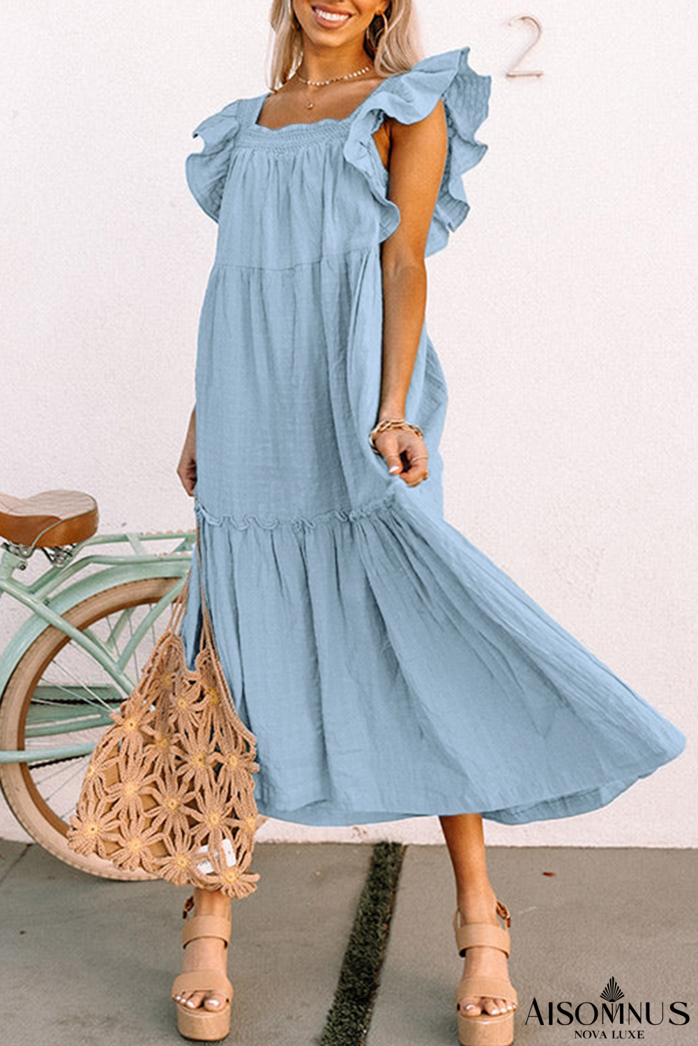 Sky Blue Ruffled Flutter Sleeve Square Neck Textured Tiered Maxi Dress