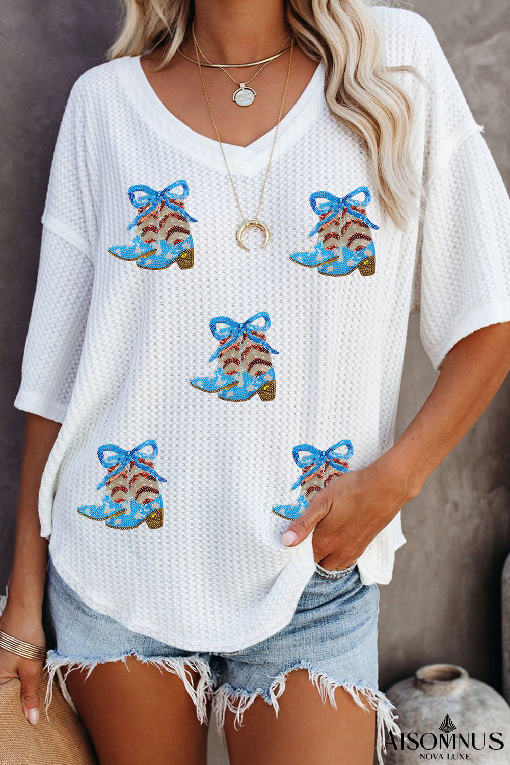 White Waffle Textured Bow Boots Graphic Independence Day T Shirt