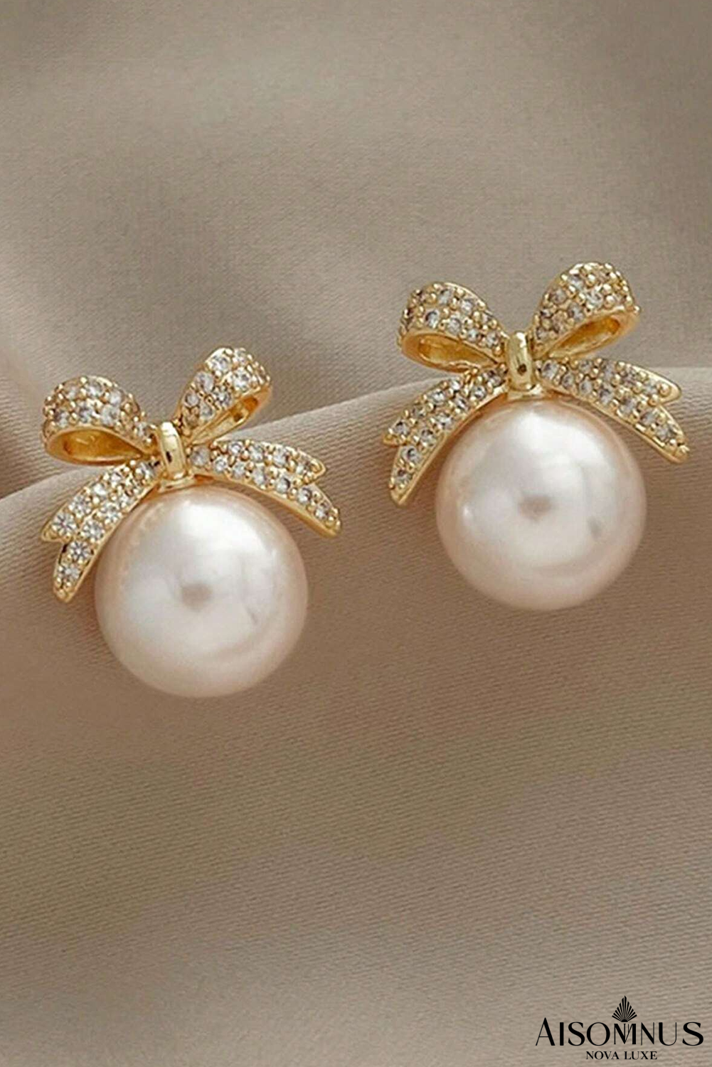 Gold Rhinestone Bowknot Pearl Earrings