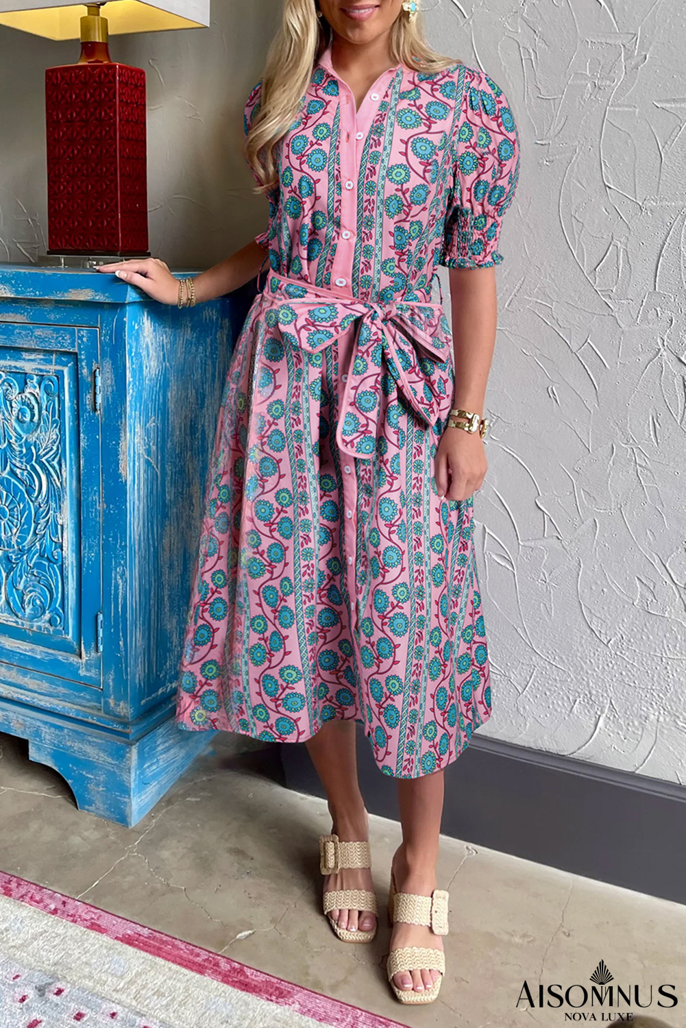 Pink Boho Floral Shirred Short Sleeve Belted Dress