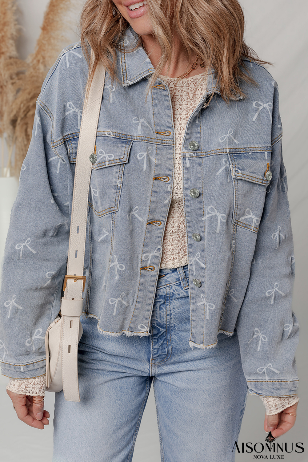 Sky Blue Bow Print Light Wash Raw Hem Denim Jacket