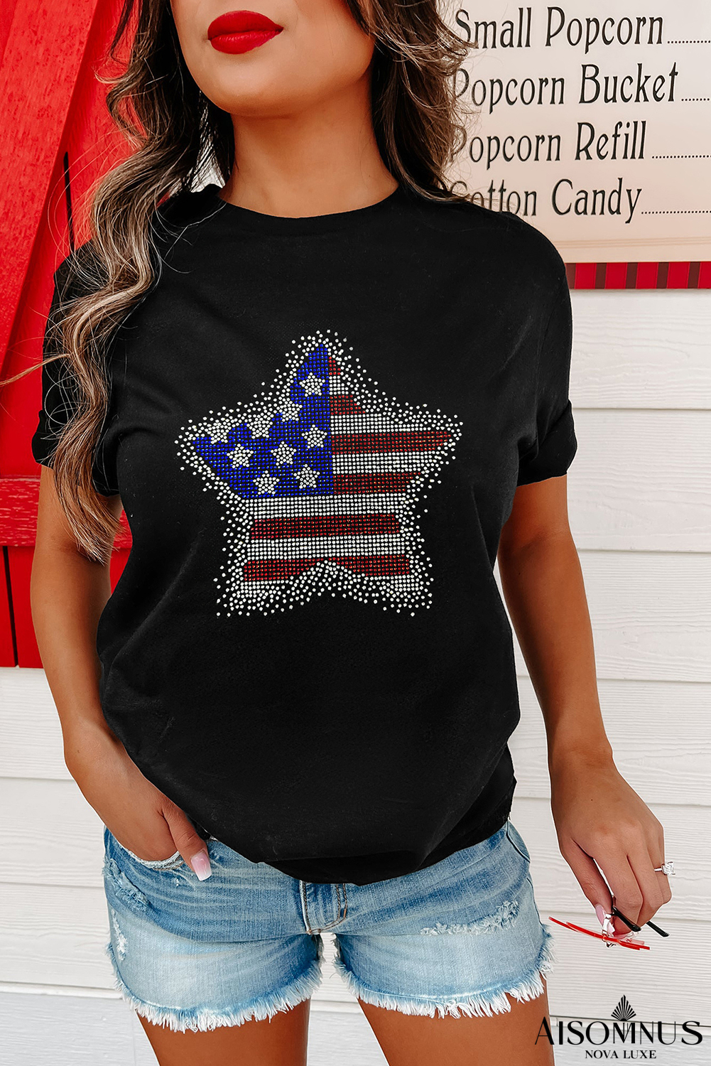 Black July 4th Rhinestone Star Graphic T Shirt