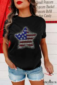Black July 4th Rhinestone Star Graphic T Shirt