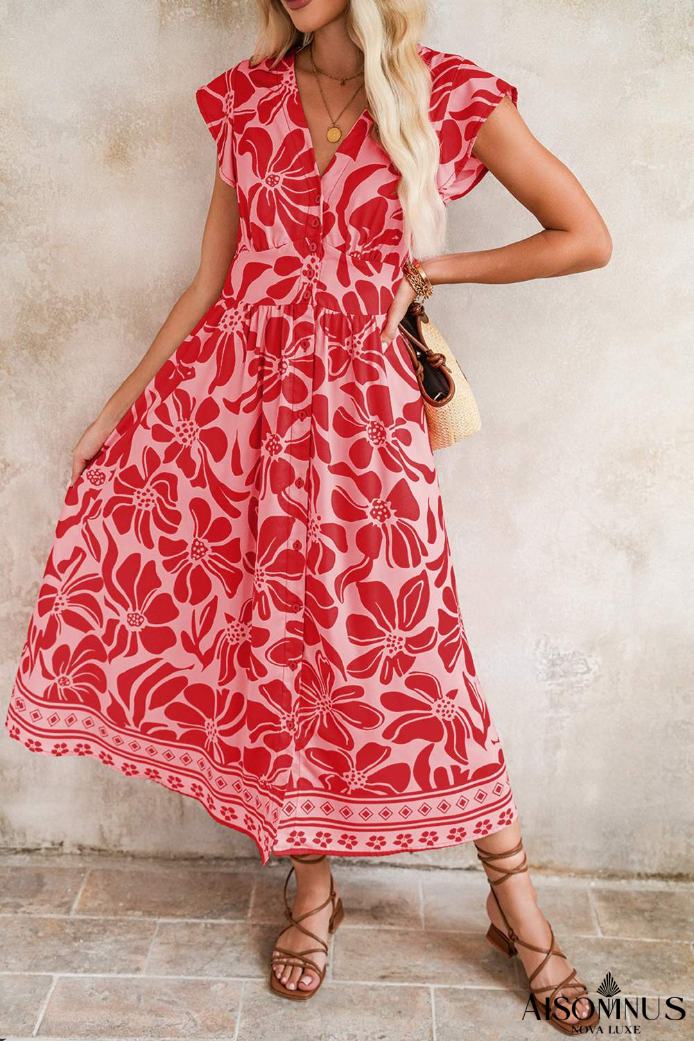 Red Boho Floral V-Neck Ruffle Shoulder Maxi Dress