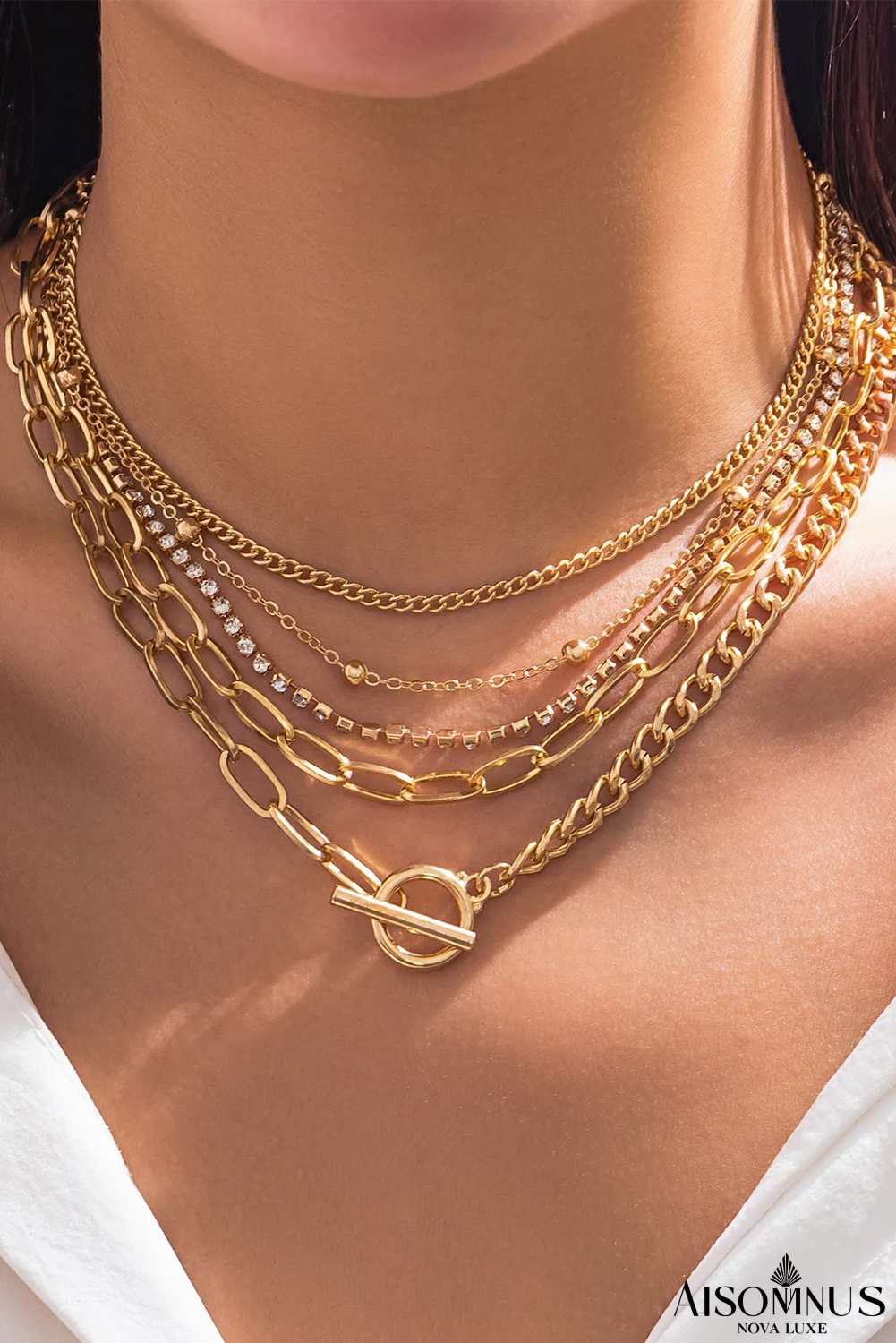 Gold 5pcs Layered Rhinestone Chain Collarbone Necklace Set