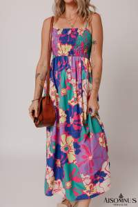 Purple Floral Print Shirred Spaghetti Strap Loose Maxi Dress