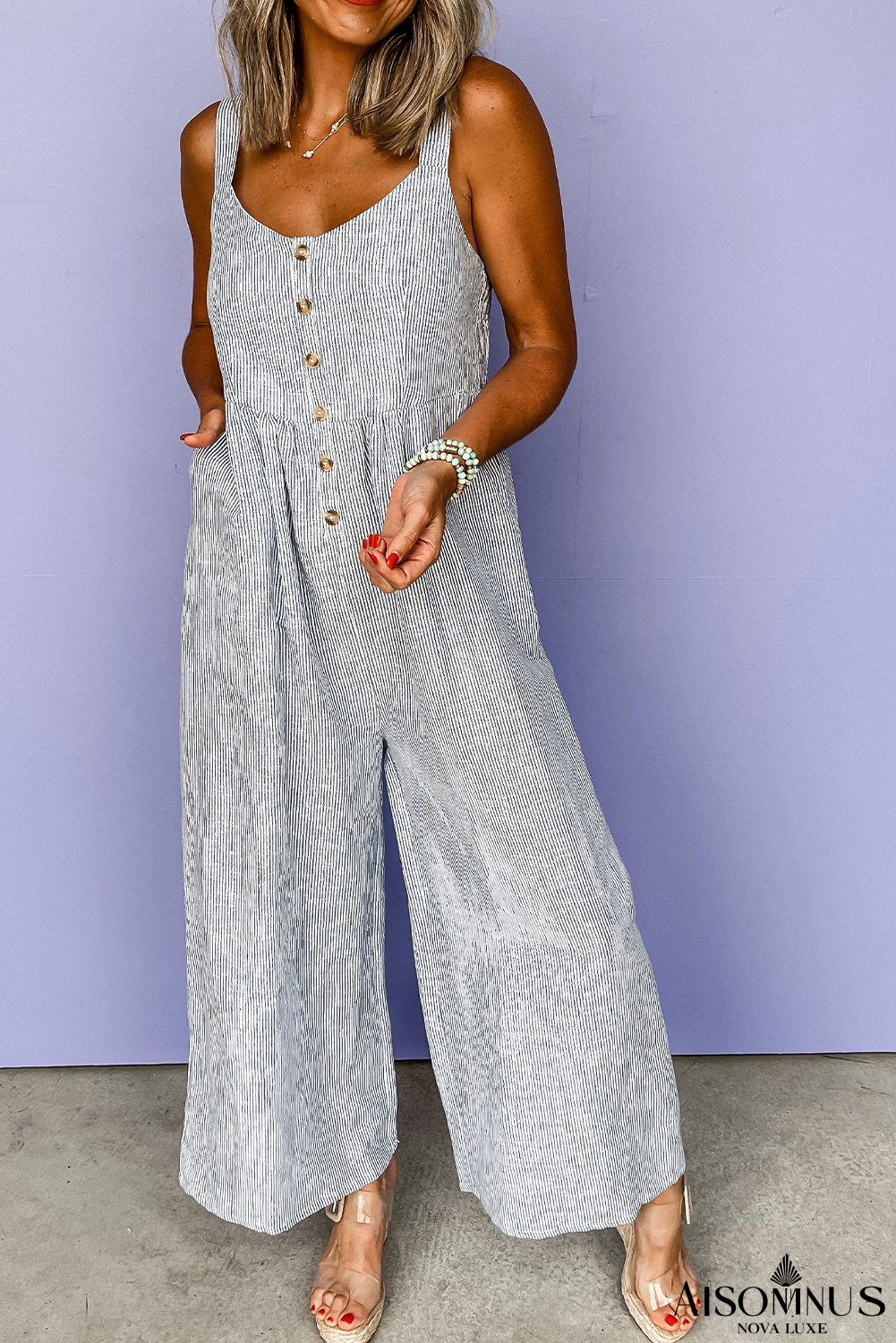 Black Stripe Half Buttoned Sleeveless Wide Leg Jumpsuit