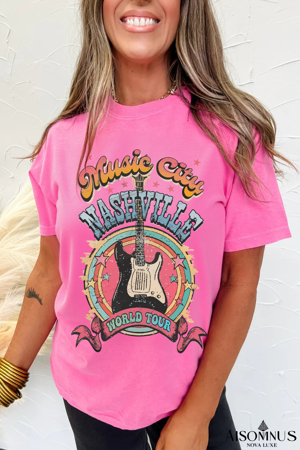 Sachet Pink Nashville WORLD TOUR Music City Guitarist Graphic Tee