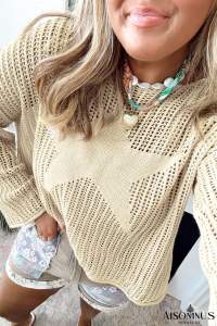 Parchment Hollow Out Knit Star Pattern Plus Size Sweater
