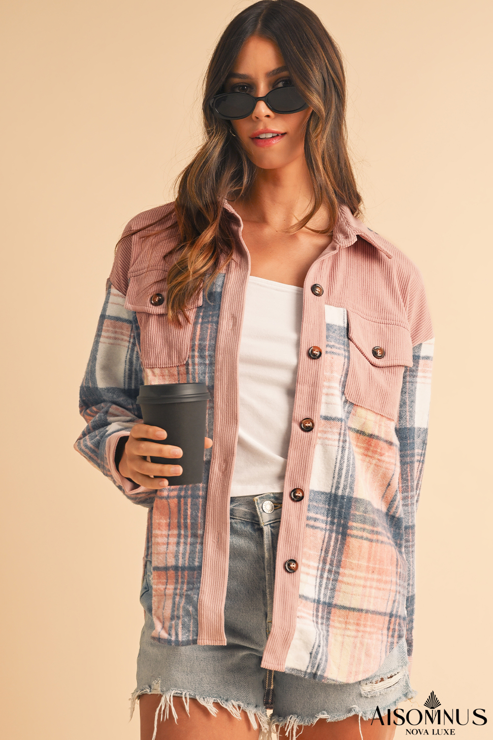 Light Pink Plaid Corduroy Patchwork Pocket Loose Shacket