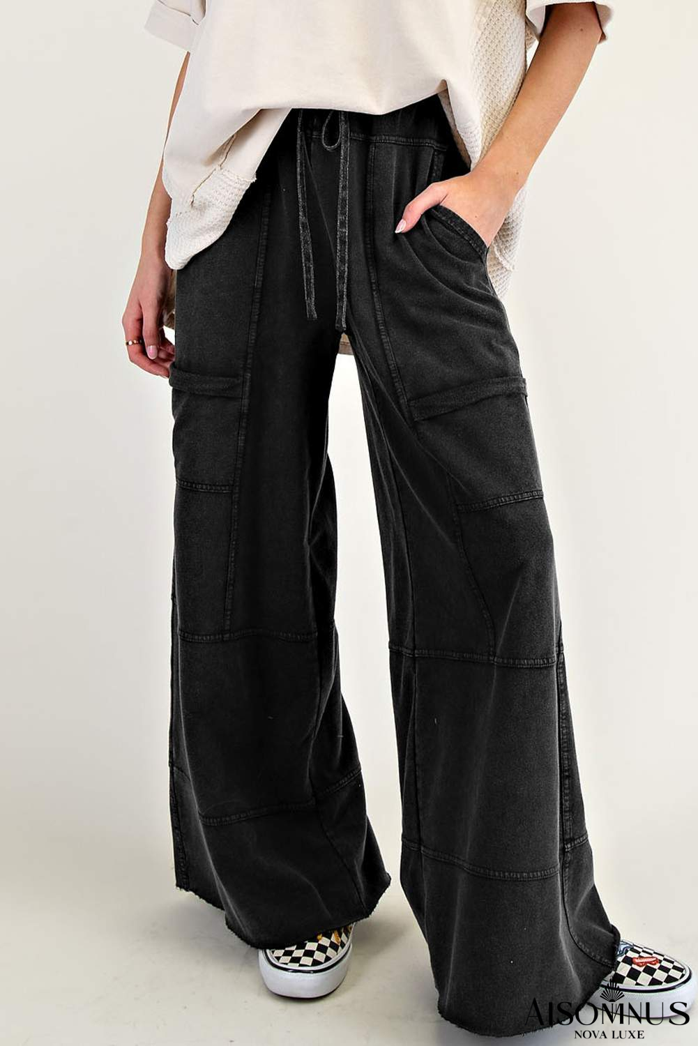 Black Mineral Wash Exposed Seam Wide Leg Cargo Pants