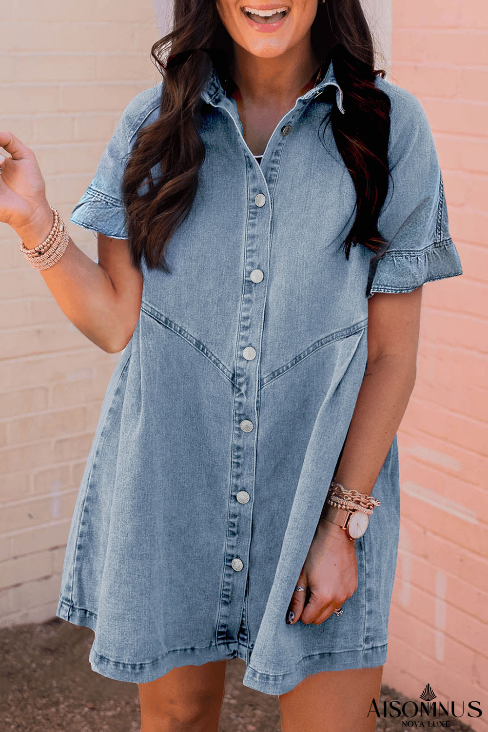 Light Blue Short Sleeve Button Up Loose Denim Shirt Dress