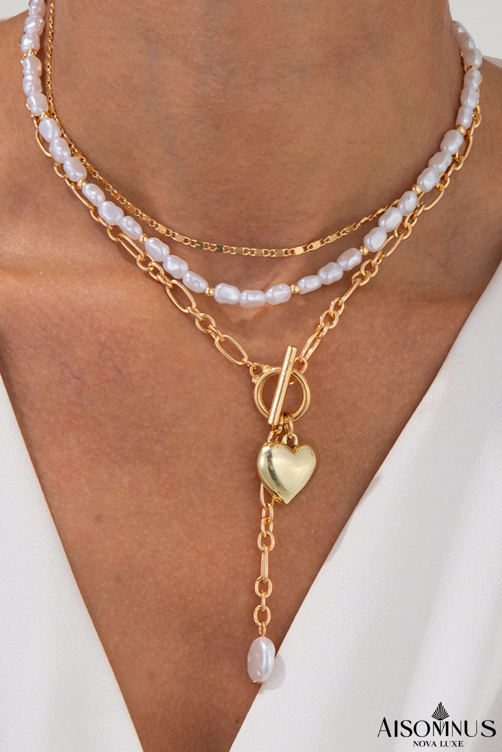 Gold 3pcs Heart Pendant Pearl Necklace Set