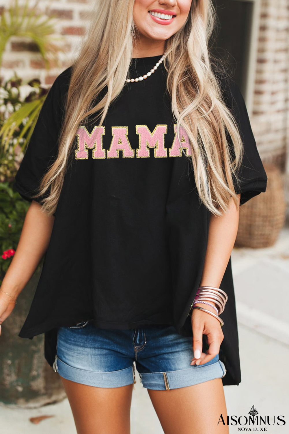 Black MAMA Patched Graphic Drop Shoulder Loose Tee