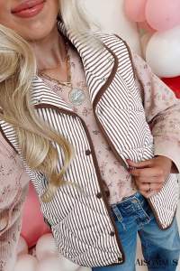 Brown Striped Snap Button Scalloped Hem Winter Vest