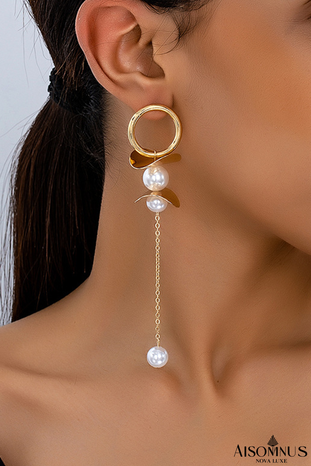 Gold Pearl and Hoop Decor Chain Earrings
