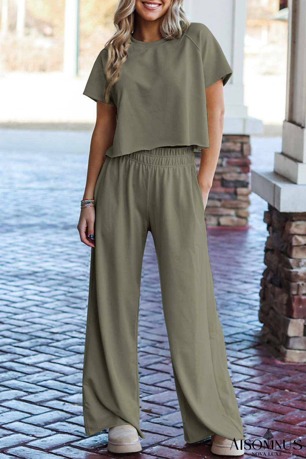 Seagrass Raw Hem Loose Tee and Wide Leg Pants Set