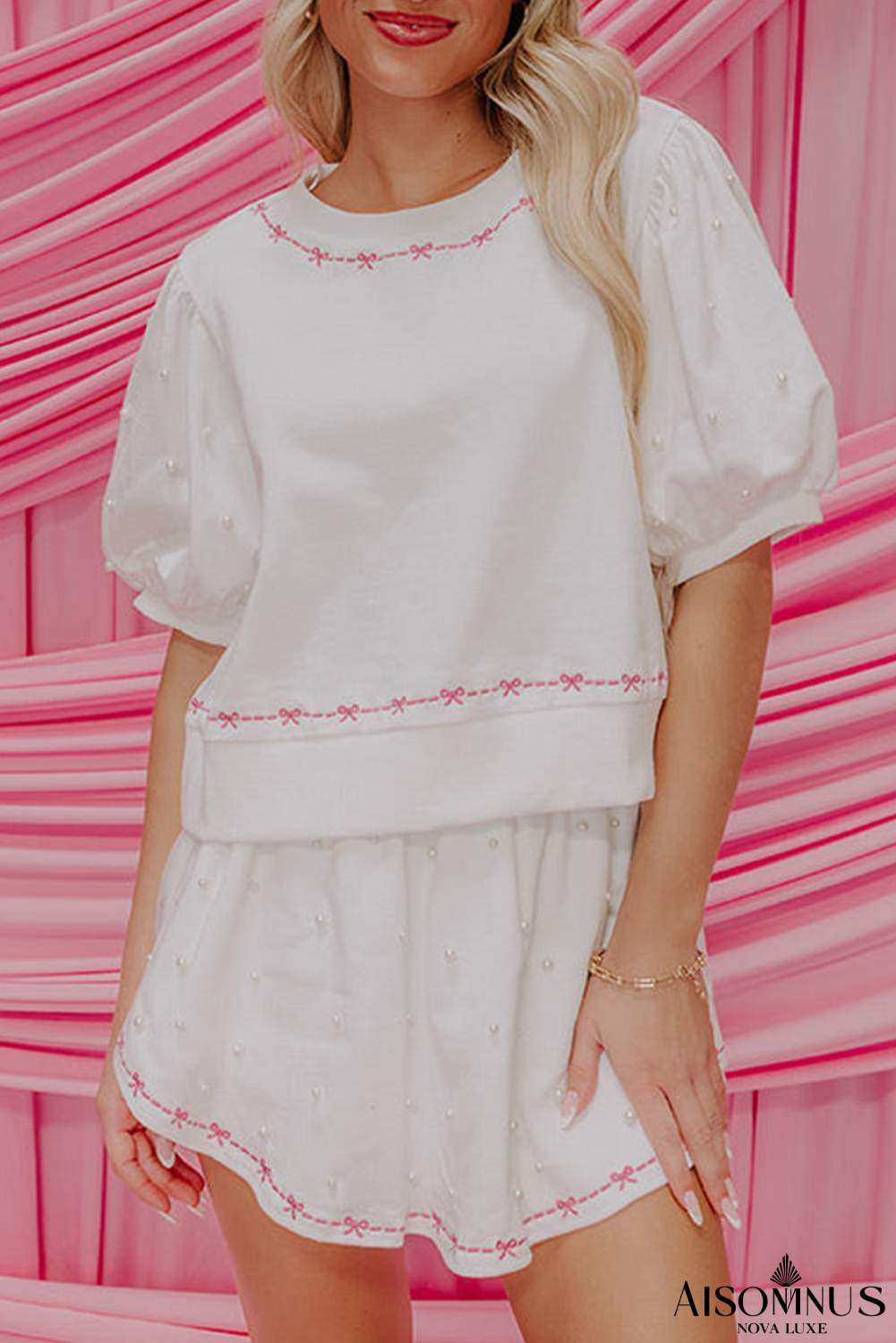 White Sweet Bow Trim Pearl Embellished Blouse and Skort Set