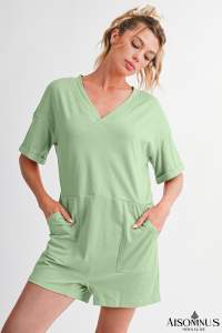 Grass Green Loose Half Sleeve V Neck Plain Romper