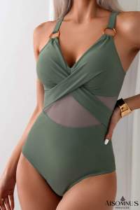 Green Bay Criss Cross V Neck Mesh One Piece swimsuit